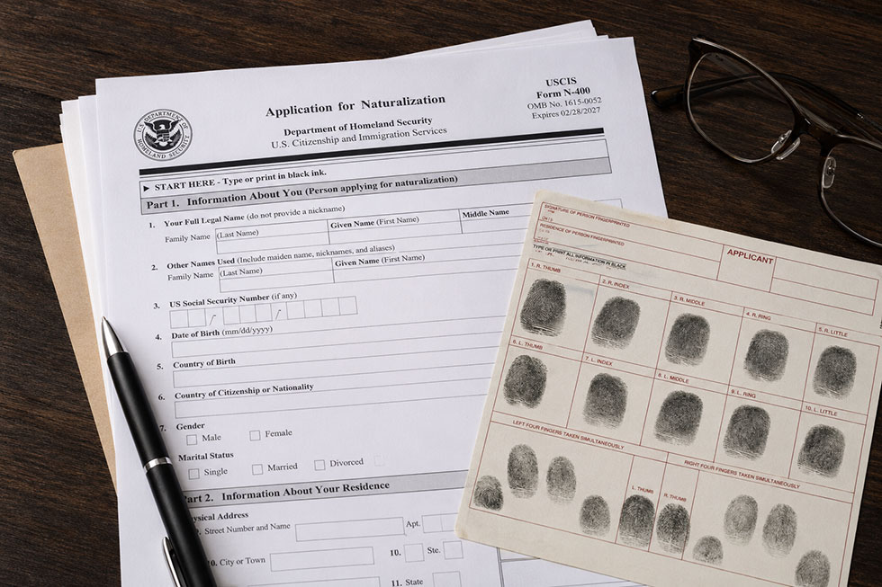 An application for US Naturalization and a fingerprint card.