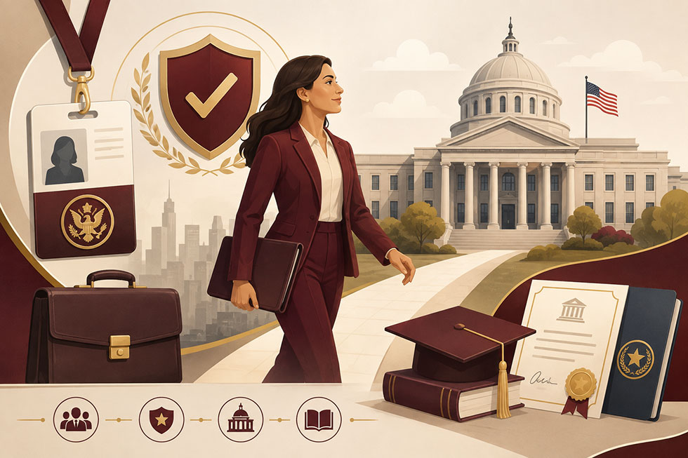U.S. citizenship benefits illustration showing federal job opportunities, security clearance access, and education program eligibility.