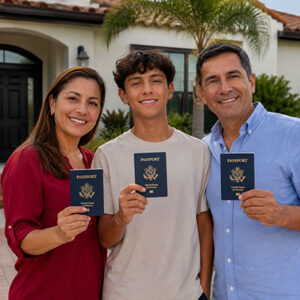A family of three from Colombia are proudly holding up their new US passports.