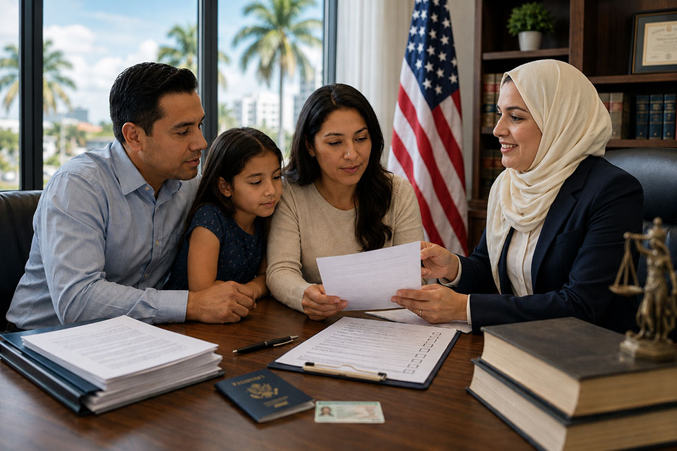 South Florida immigration lawyer Taghrid Hassan reviewing Form N-400 naturalization documents with a family during a citizenship eligibility consultation.