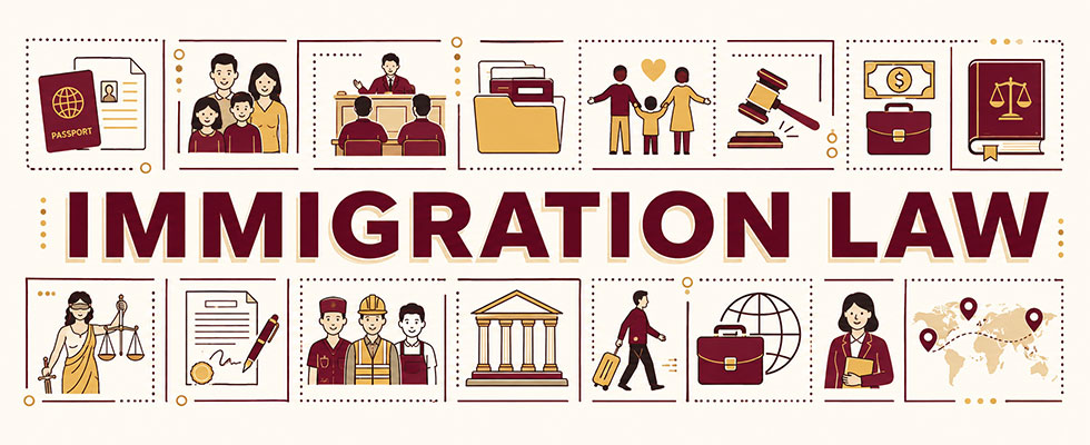 Immigration law concept banner with icons related to benefits of citizenship.